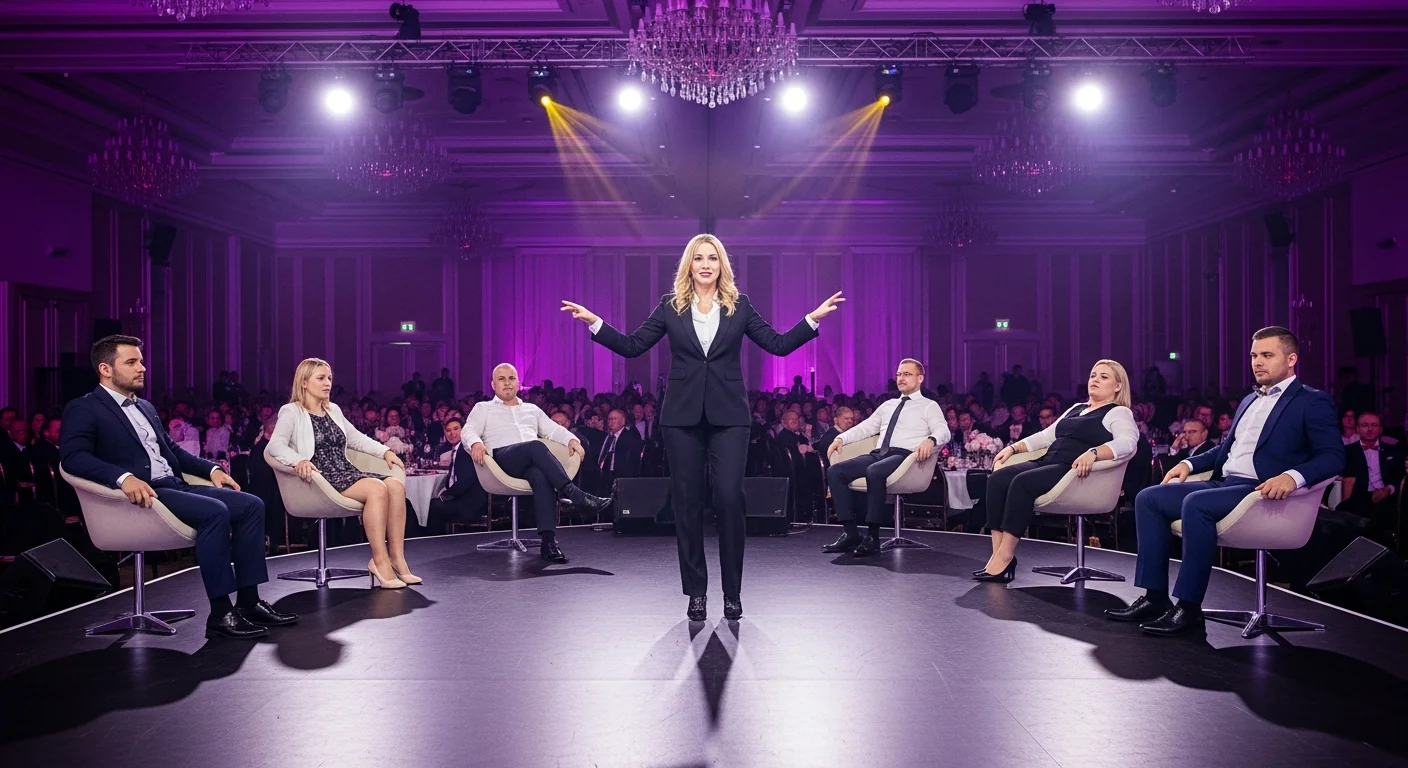B&uuml;hnenhypnoseshow auf einem Corporate Event mit mehreren Freiwilligen auf B&uuml;hnenst&uuml;hlen unter dramatischem Licht