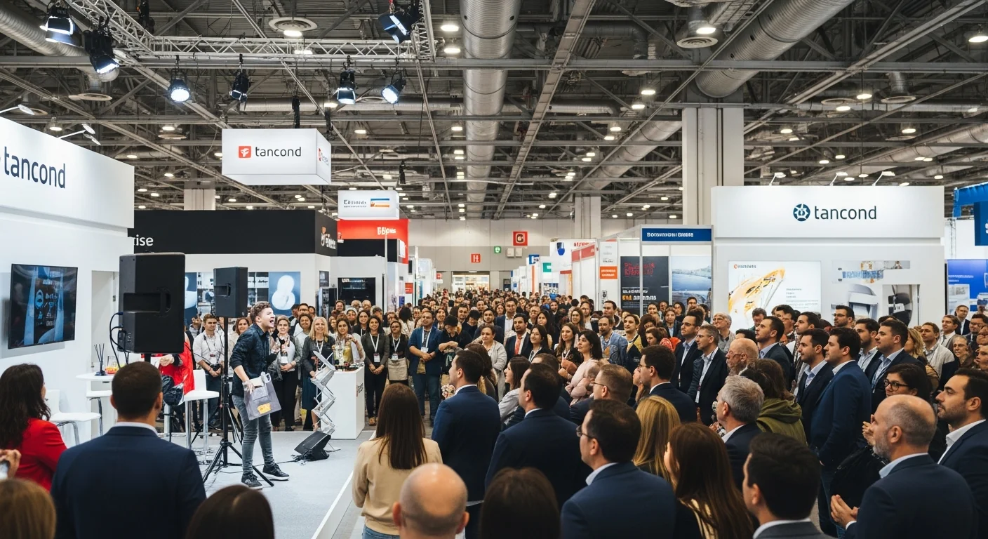 Messestand mit dichter Menschentraube vor einer kleinen B&uuml;hne