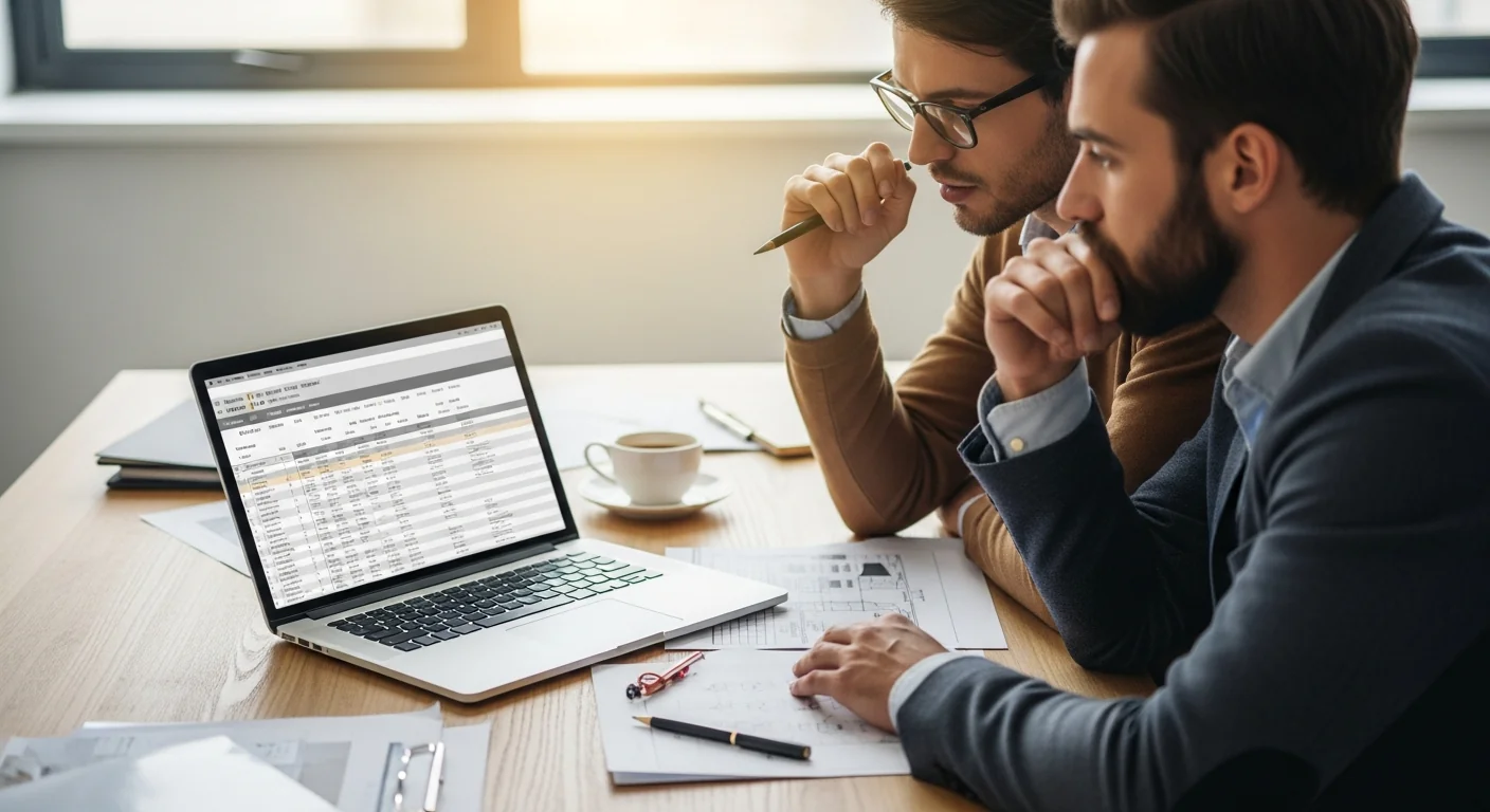 Eventplaner im Gespr&auml;ch mit K&uuml;nstler am Tisch, Laptop mit Event-Details, Planungs-Atmosph&auml;re