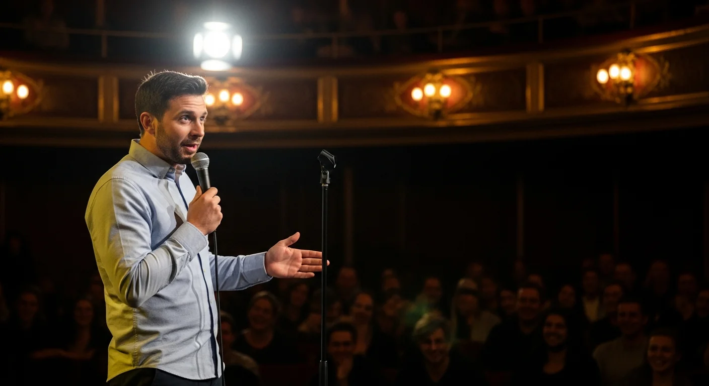 Stand-Up-Comedian am Mikrofon auf der B&uuml;hne eines eleganten Theaters, Publikum im Hintergrund