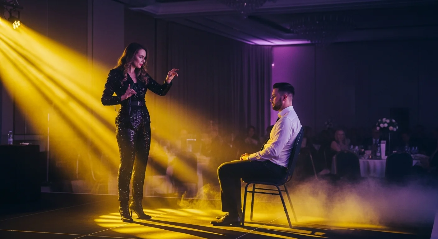 Show-Hypnotiseurin auf der B&uuml;hne bei einem Corporate-Event, freiwilliger Gast sitzt in Trance auf Stuhl, goldenes und violettes B&uuml;hnenlicht
