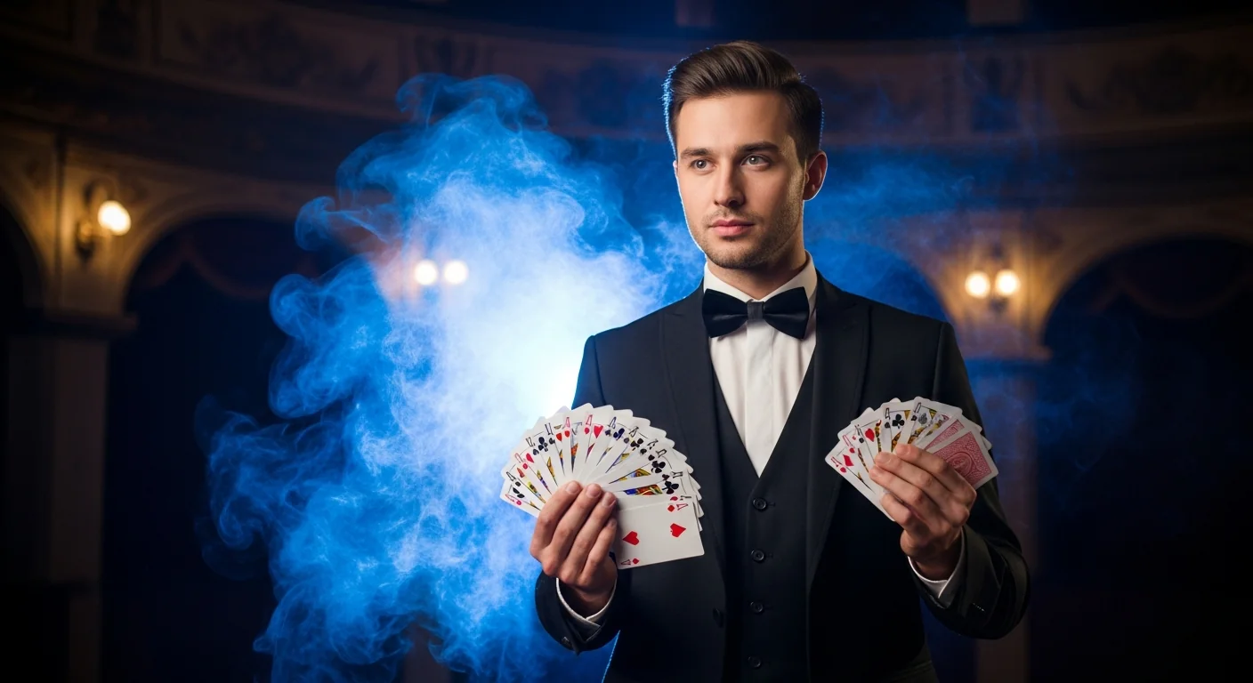 Eleganter Zauberer im schwarzen Anzug mit F&auml;cher von Spielkarten vor mystischem blauem B&uuml;hnenlicht
