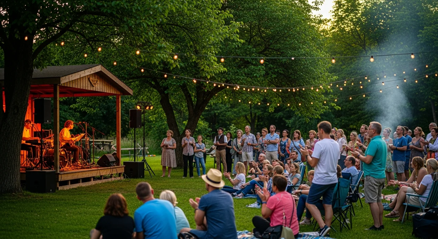 Open-Air-Entertainment auf kleiner H&ouml;lzerner B&uuml;hne mit engagiertem Publikum am Abend unter Lichterketten
