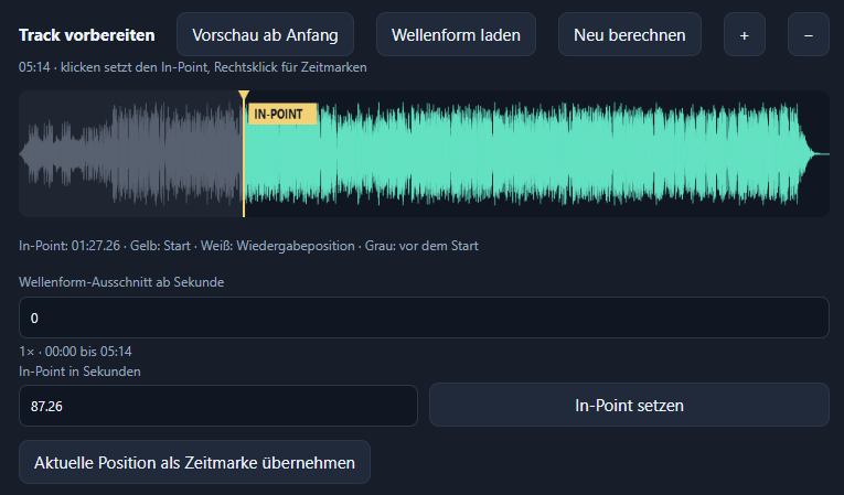 Wellenform eines Tracks in der Show-Software mit gelb markiertem In-Point bei 1 Minute 27, links davon grau der &uuml;bersprungene Anfang