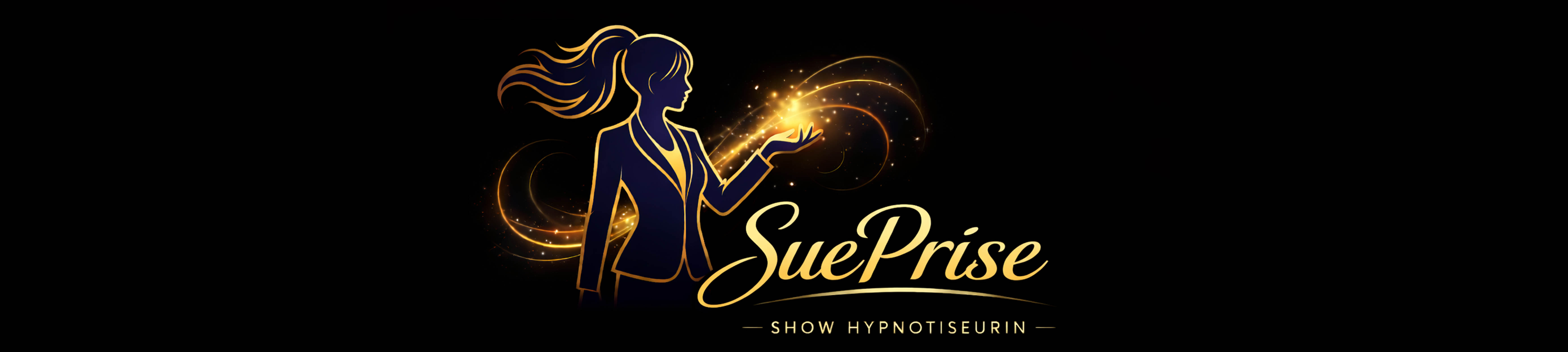 SuePrise – Show Hypnotiseurin, Logo mit Silhouette und goldenem Lichteffekt